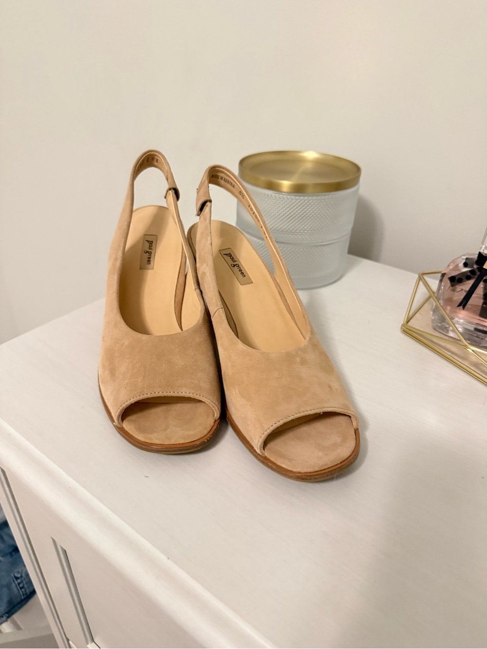*New* Paul Green Suede Slingback Peep-Toe Block Heel - Beige - Picture 2 of 4